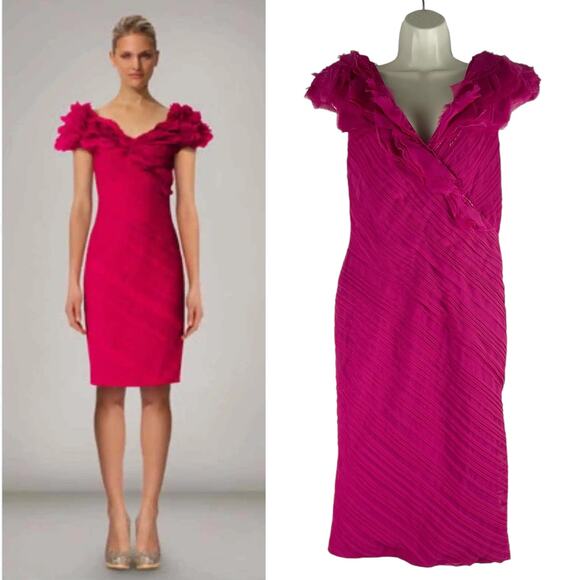 Tadashi Shoji Puff Shoulder Ruffle Cocktail Dress Pink Size 8 - Picture 1 of 9